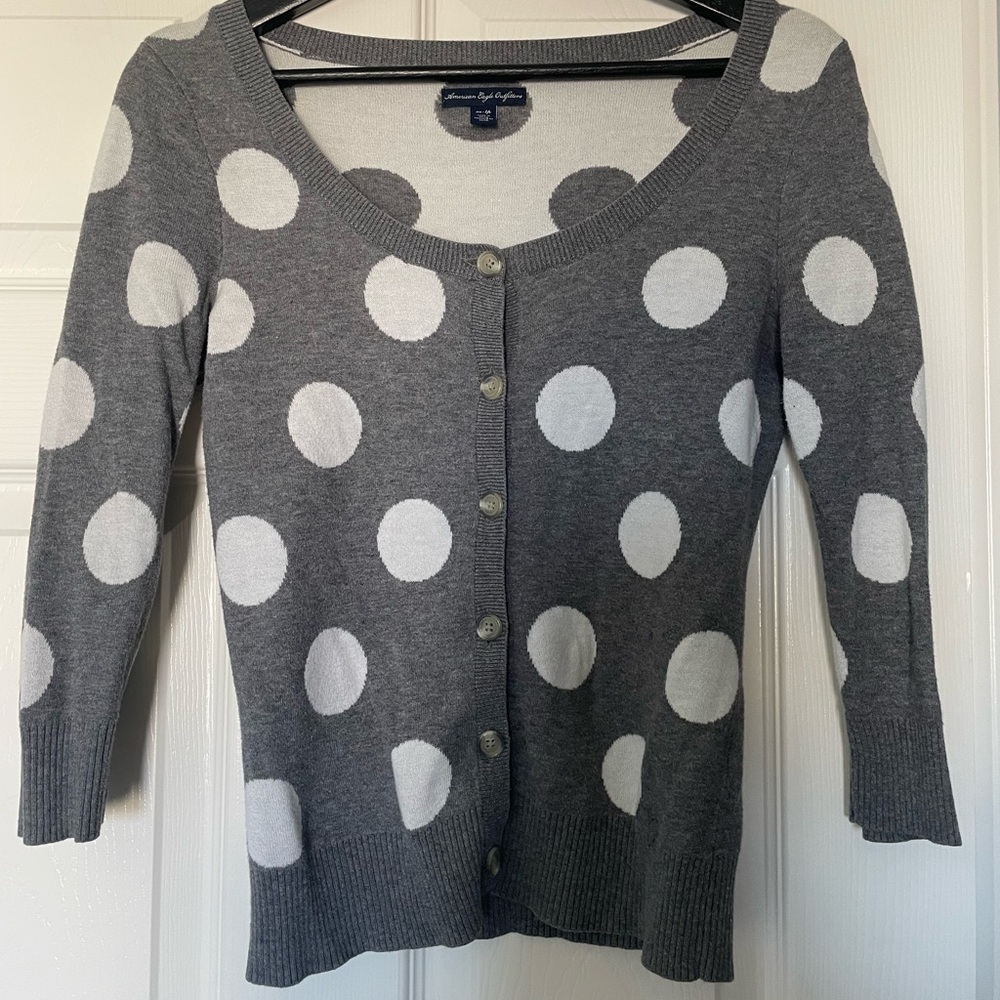2/$20 American Eagle Outfitters Gray Cardigan awith White Polka Dots